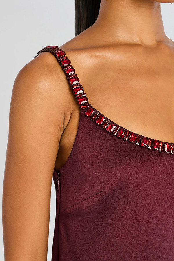Taste Red Wine Satin Gemstone Trim Round Neck Slip H-line Mini Dress-consonak
