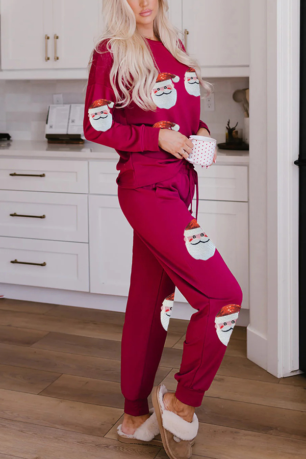 Christmas Sequin Long Sleeve Top and Elastic Waist Tie Pocket Pants Set-consonak