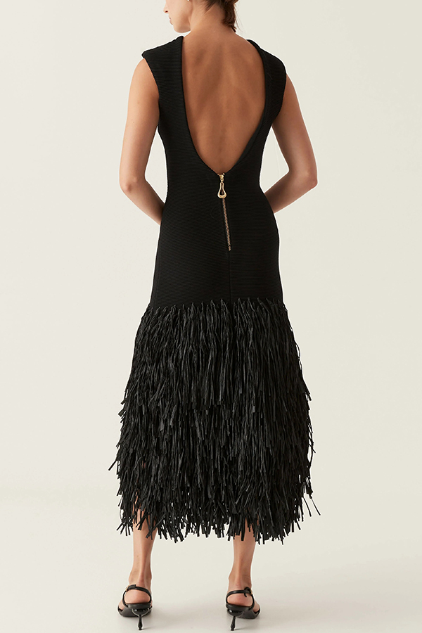 Christie Ribbed Patchwork Tiered Fringed Hem Zipper Backless Maxi Dress-consonak
