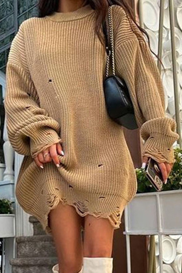 Solid Color Loose Ripped Knitted Mid-length Sweater-consonak