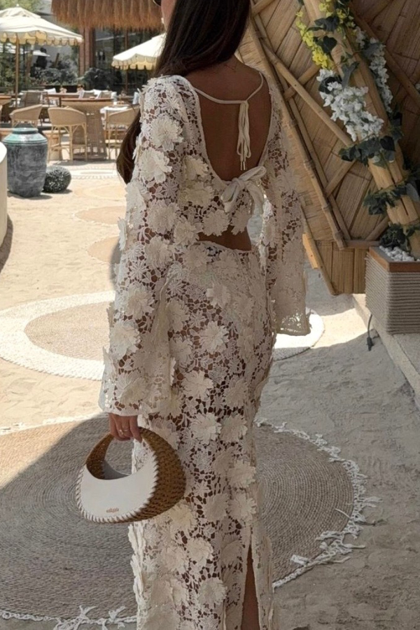 Stylish Long-sleeved Backless Lace Top and Elegant Openwork Maxi Fishtail Skirt Set | Consonak