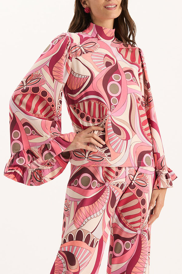 Sarah Unique Print High Neck Ruffle Bell Sleeve Top and Elastic Waist Pocket Loose Pants Set-consonak