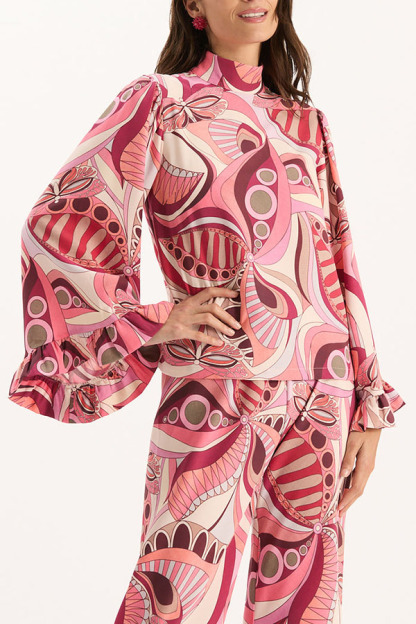 Sarah Unique Print High Neck Ruffle Bell Sleeve Top and Elastic Waist Pocket Loose Pants Set-consonak