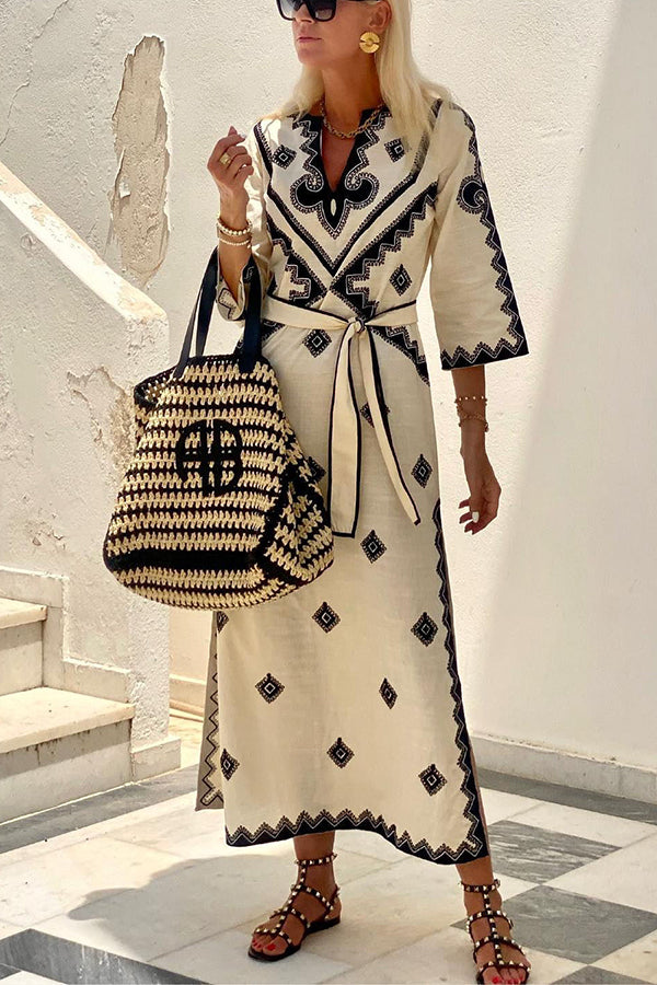 Quiet Atmosphere Linen Blend Ethnic Print Belted Midi Dress | Consonak