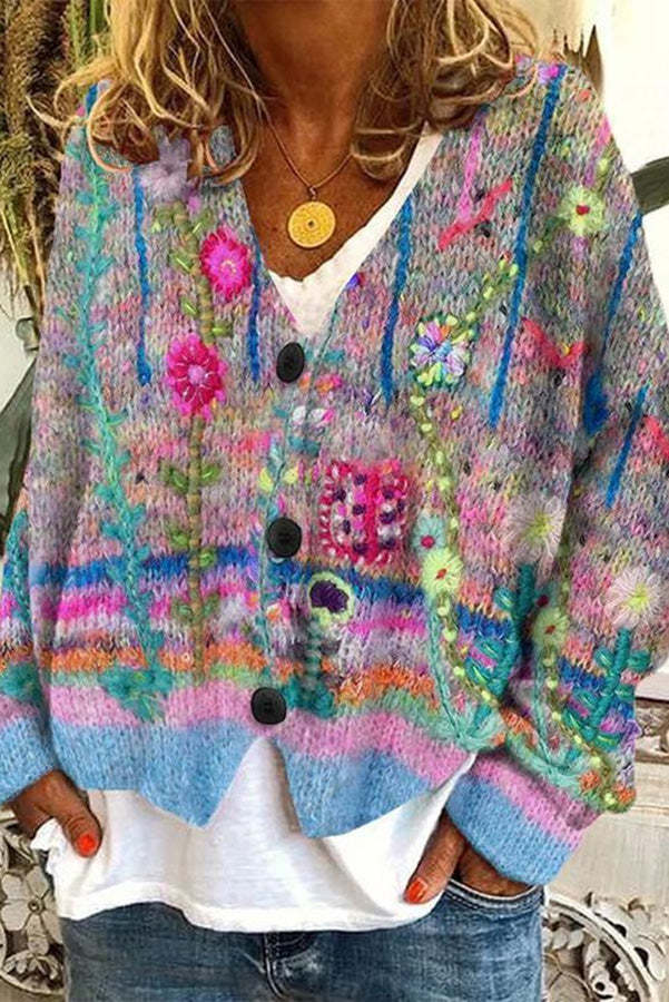 Knitted Long Sleeved Cardigan with Fun Printed Buttons-consonak