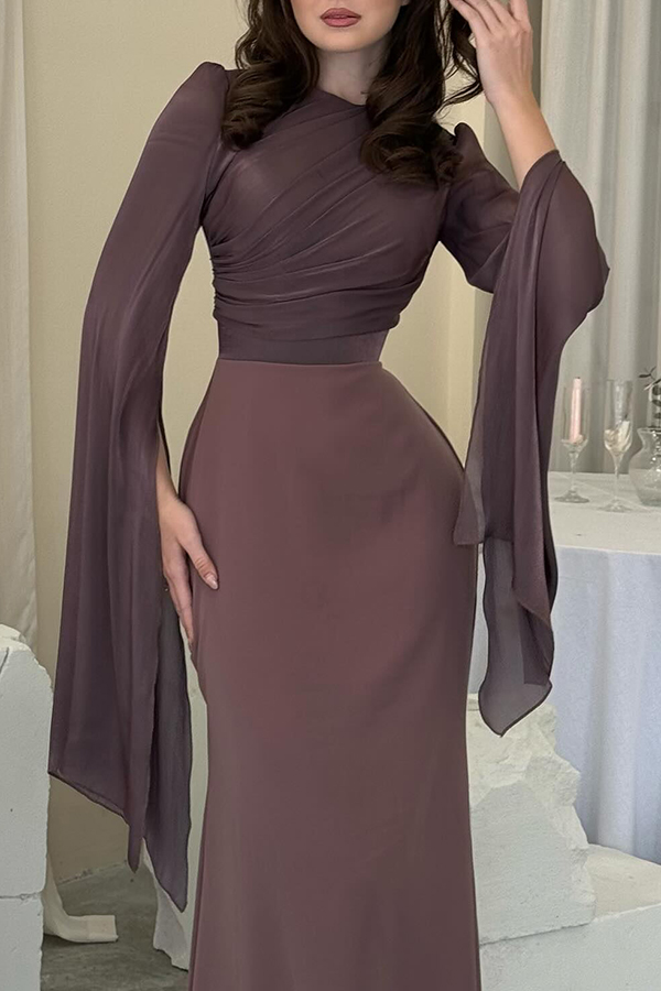 Liora Ruched Organza and Satin Patchwork Design Long Bell Slit Sleeve Maxi Dress-consonak