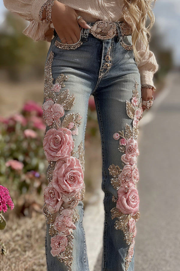 3D Floral Print Pocket Casual Jeans-consonak