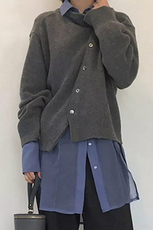 Stylish Irregular Button Knitted Crew Neck Sweater-consonak