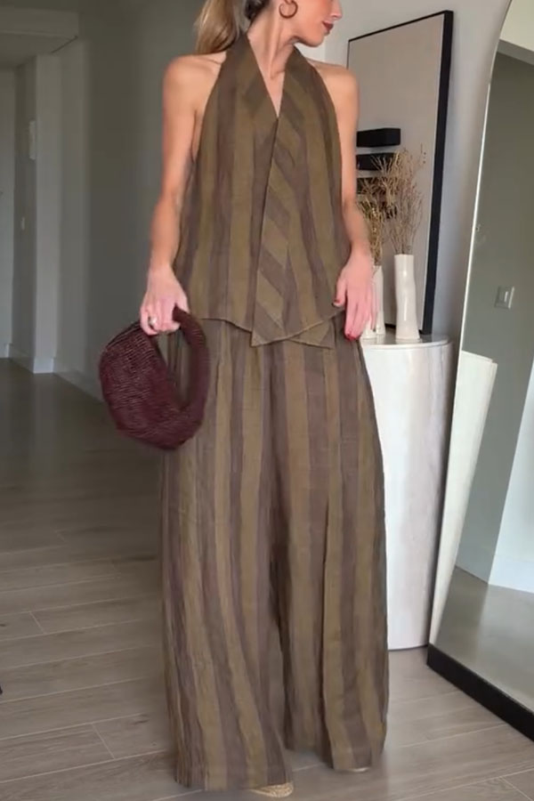 Aloof Style Striped Linen Blend Halter Vest and High Rise Button Pocket Wide Leg Pants Set | Consonak