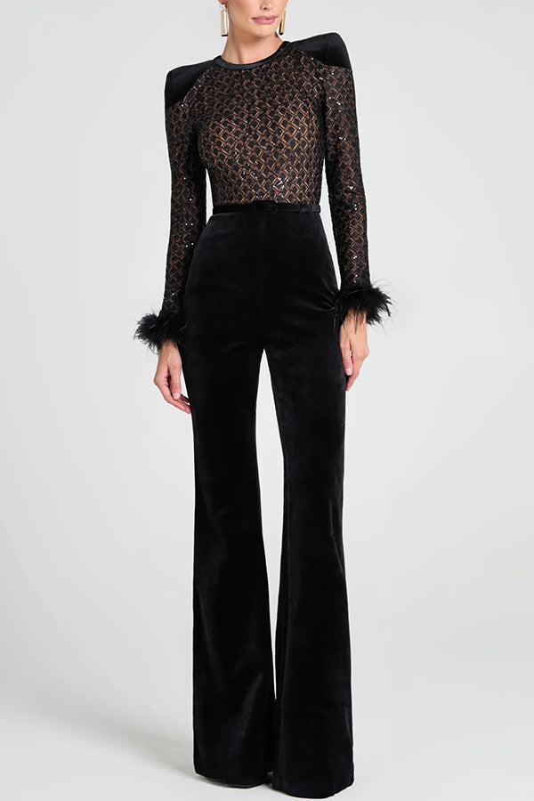 Monique Fish Scale Lace Sequin Velvet Patchwork Feather Trim Belted Stretch Flare Jumpsuit-consonak