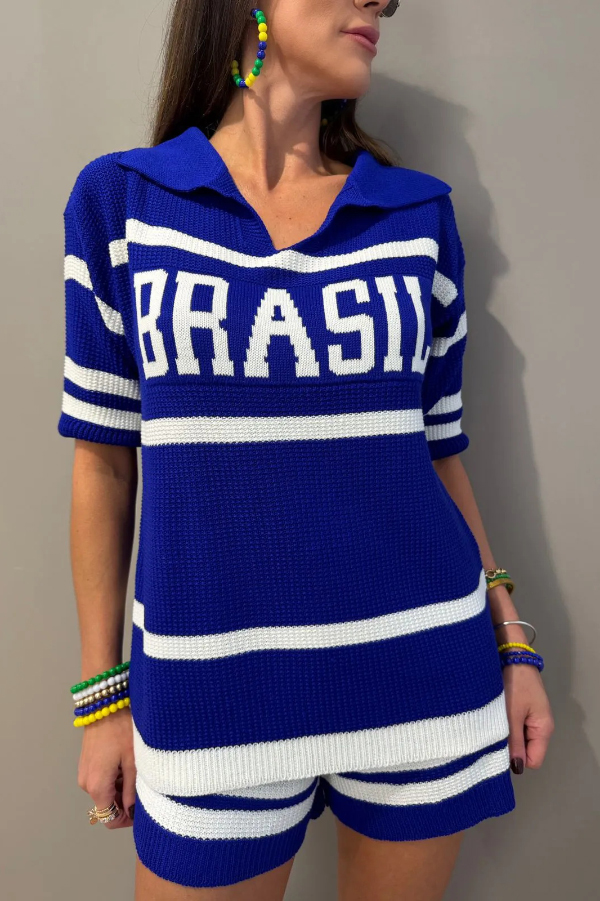 World Cup-themed Jacquard V-neck Short-sleeved Loose-fitting Top and Casual Stretch Shorts Knit Set