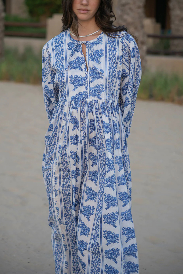 Botanical Print Loose-fitting Tie Casual Vacation Maxi Dress