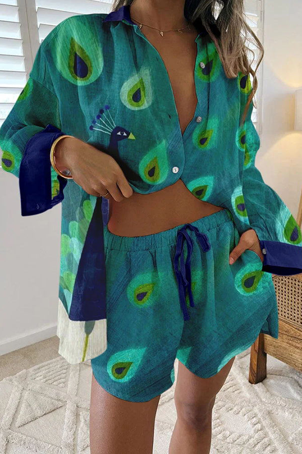 Smart Peacock Print Casual Buttoned Lace Up Shorts Set-consonak