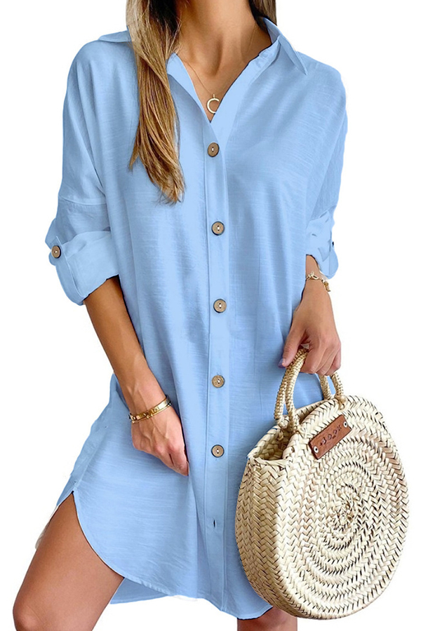 Solid Color Casual Button-Down Shirt Style Mini Dress-consonak