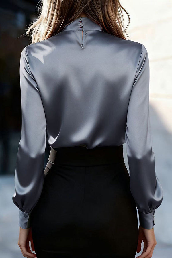 Solid Color Satin Long-sleeved Casual Tie-front Shirt | Consonak
