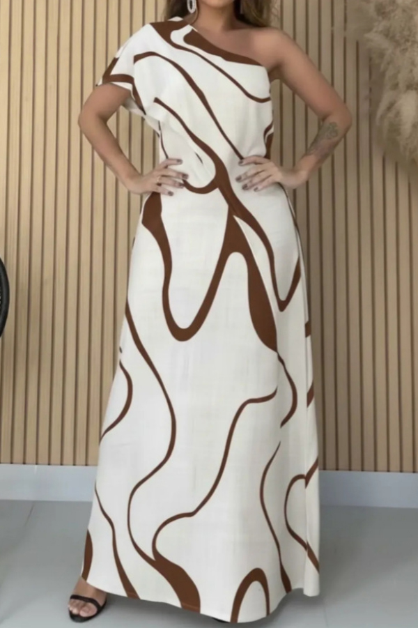 Unique Printed One-Shoulder Short-Sleeve Casual Maxi Dress-consonak