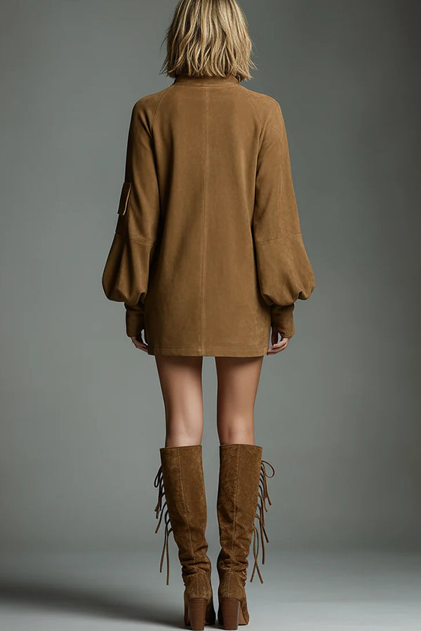 Stylish Suede High-Neck Long-Sleeved Casual Pocket Mini Dress-consonak