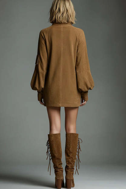 Stylish Suede High-Neck Long-Sleeved Casual Pocket Mini Dress-consonak
