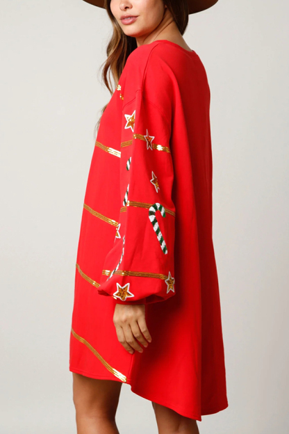 Christmas Candy Sequin Loose Long Sleeve Casual Mini Dress-consonak