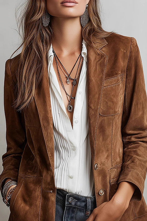 Stylish Suede Lapel Long-sleeved Casual Button-down Jacket-consonak