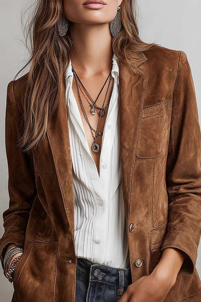 Stylish Suede Lapel Long-sleeved Casual Button-down Jacket-consonak