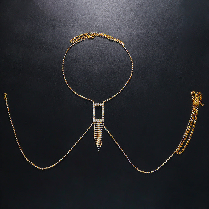 Sexy Rhinestone Hollow Square Tassel Body Chain-consonak