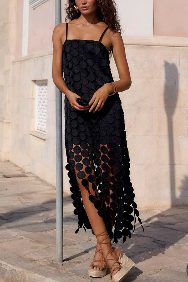 Juju Embroidered Cutout Polka Dots Square Neck Tassel Hem Slip Maxi Dress | Consonak