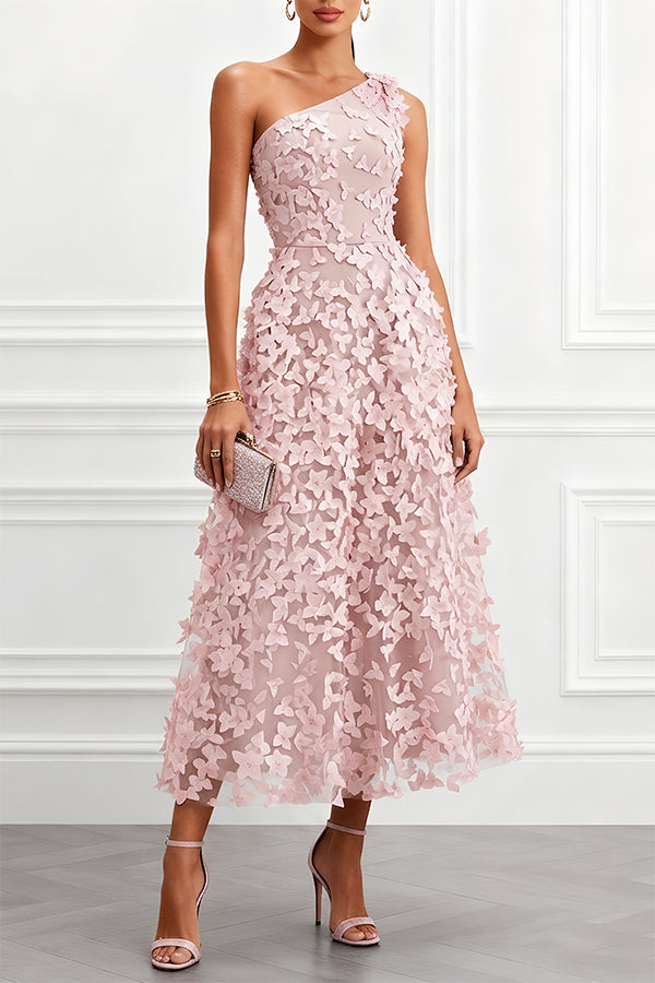 Lynelle Tulle 3D Floral Butterfly One Shoulder Sleeveless A-Line Midi Dress-Consonak
