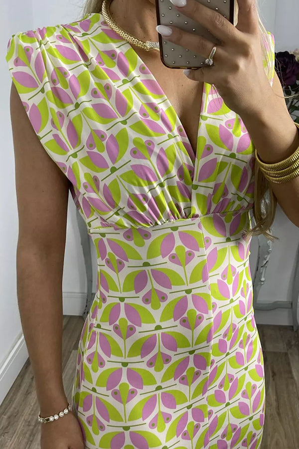 Forever Here Printed Padded Shoulder Front Center Slit Midi Dress-consonak