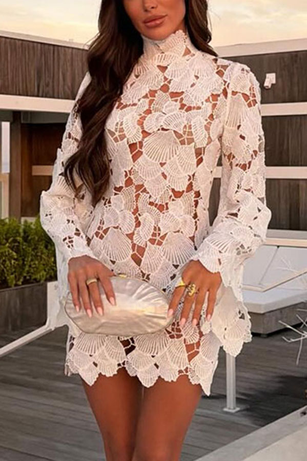 Tropica View Crochet Lace Seashell High Neck Long Bell Sleeve Mini Dress | Consonak
