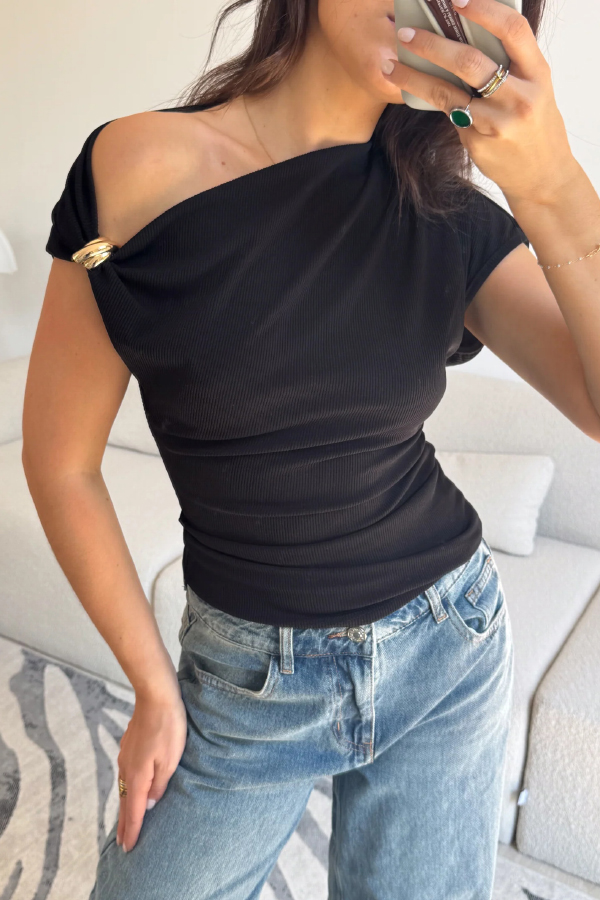 Solid Color Metal Decoration Short-sleeved Casual T-shirt-consonak