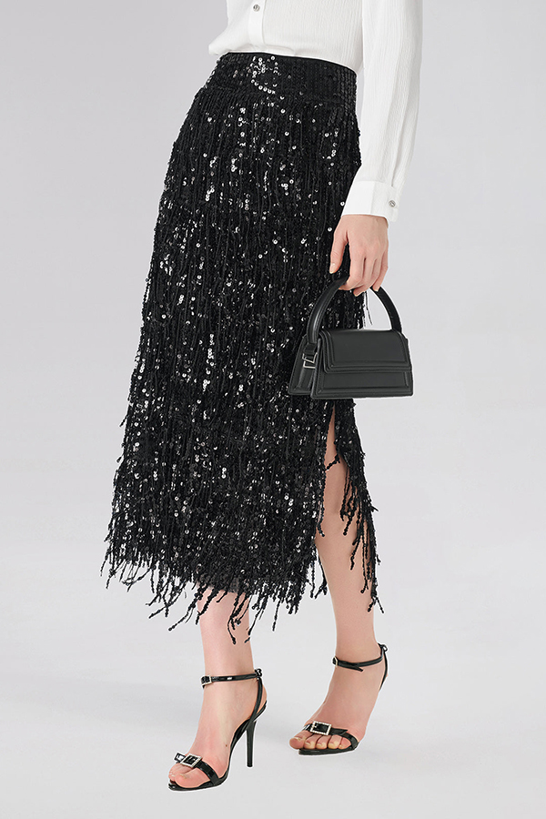 Evening Charm Layered Sequined Tassels High Rise Back Zipper Slit Midi Skirt | Consonak