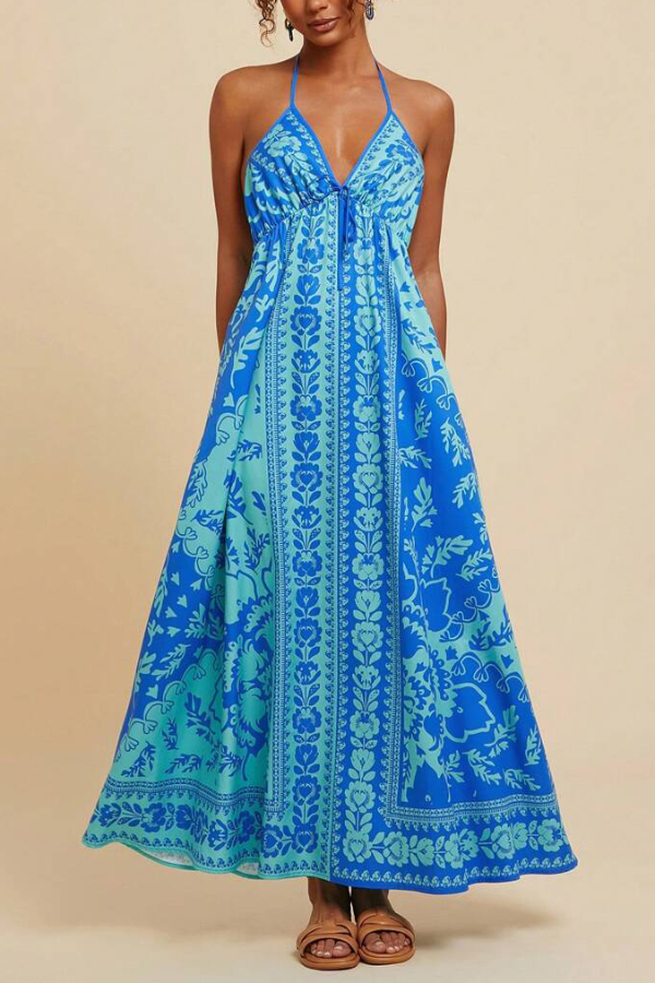 Unique Printed V-neck Backless Casual Vacation Maxi Dress