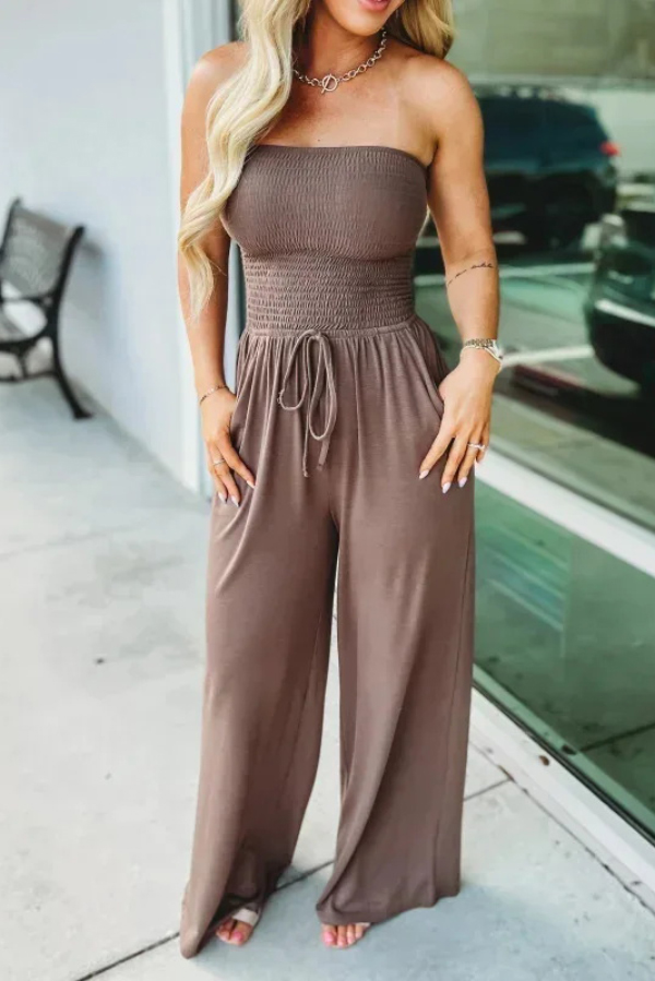 Solid Color Sleeveless Off-shoulder Pleated Loose Pocket Casual Wide-leg Jumpsuit | Consonak