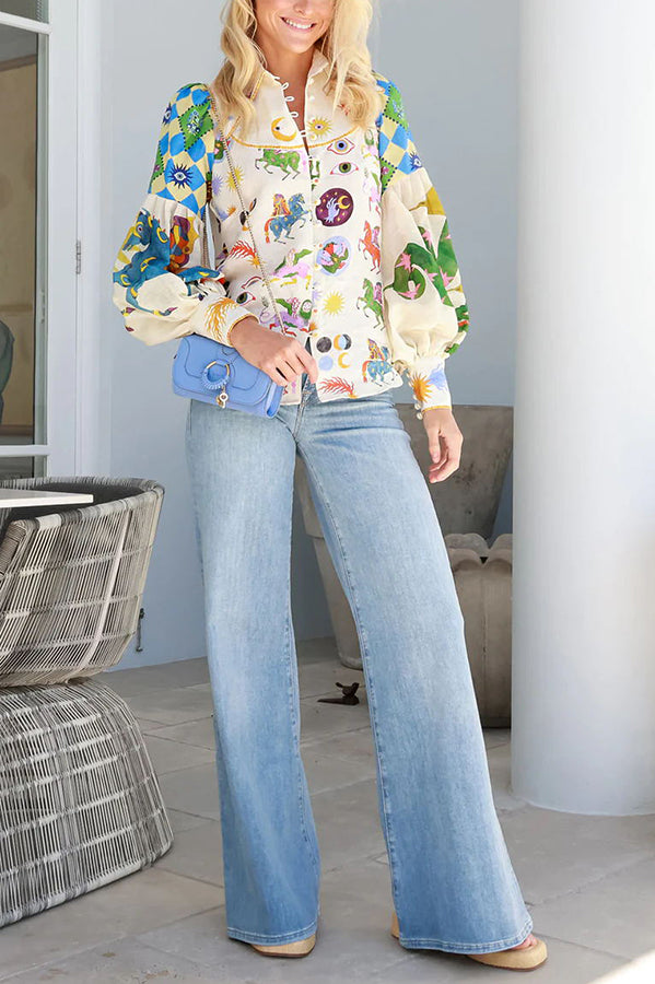Love Frees Me Linen Blend Unique Print Balloon Sleeve Button Shirt-consonak