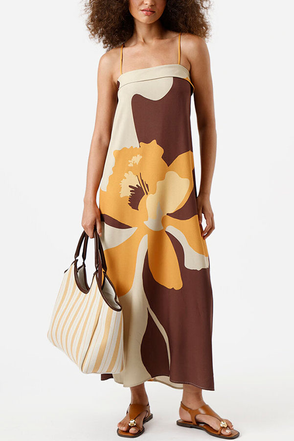 Light Breeze Color-block Floral Print Adjustable Strap H-line Midi Dress-consonak