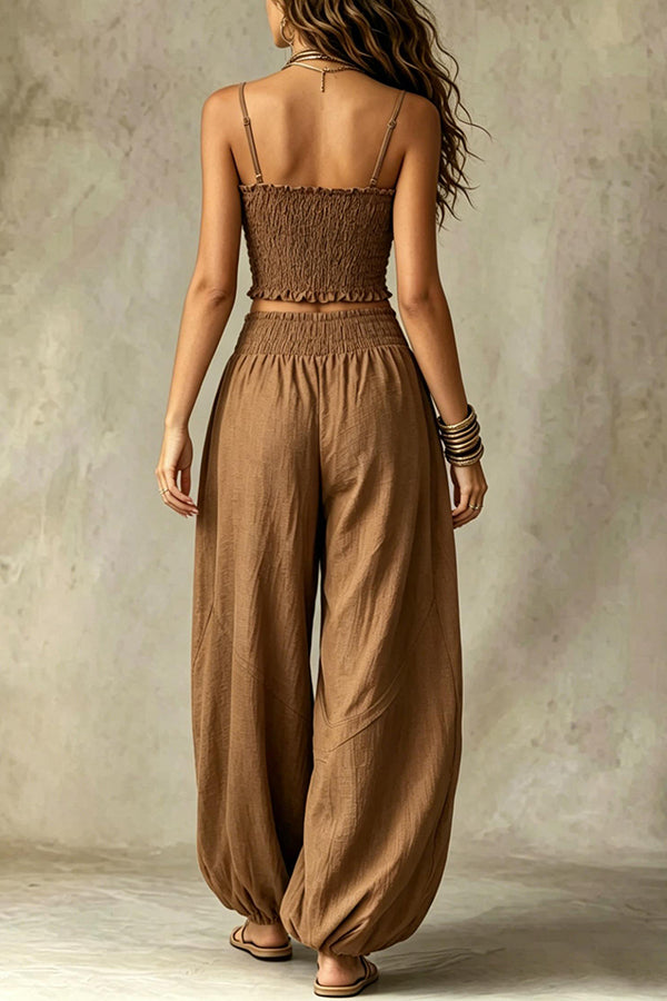 Olive Gypsy  pleated crop top and high-waisted wide-leg pants set-Consonak