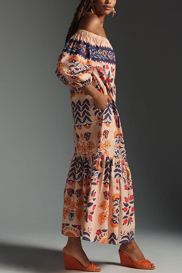 Island Lover Printed Off The Shoulder Pocketed Flowy Midi Dress | Consonak