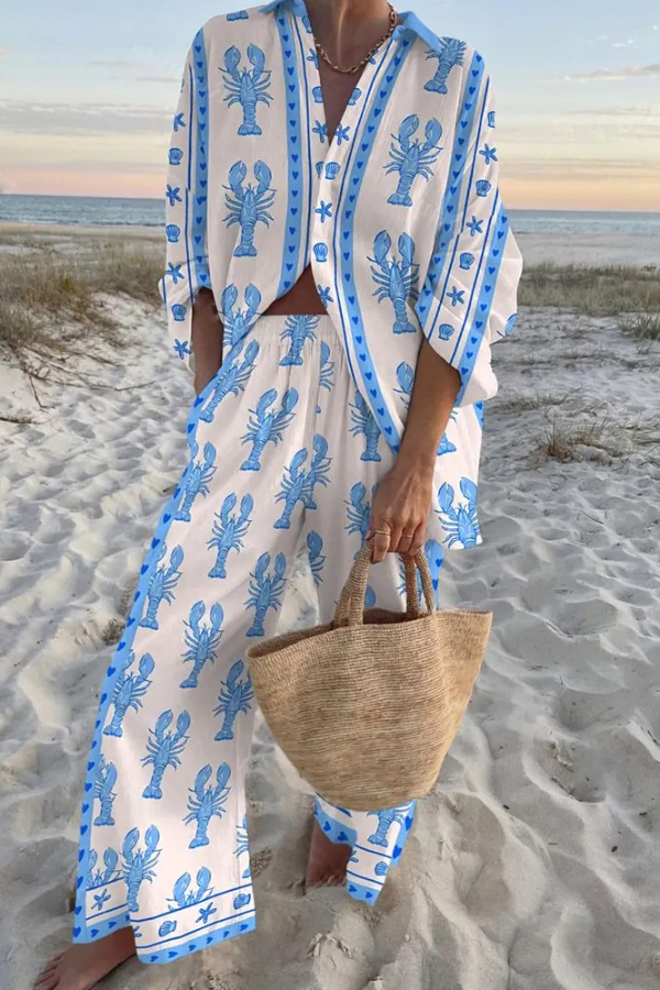 Blue Lobster Print Oversized Shirt and Elastic Waist Pocket Pants Set