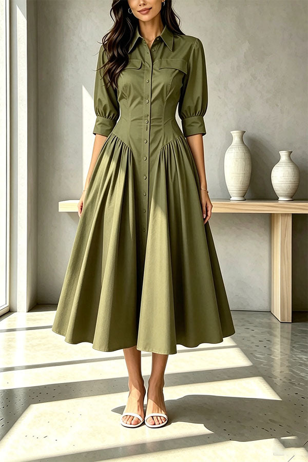 Elegant Linen Blend High Waisted Button Front Detail Pocket Shirt Umbrella Maxi Dress-Consonak