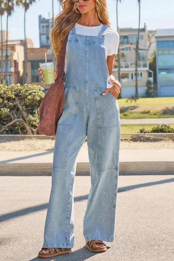 Stylish Loose Pockets Side Buttons Wide-leg Denim Jumpsuit