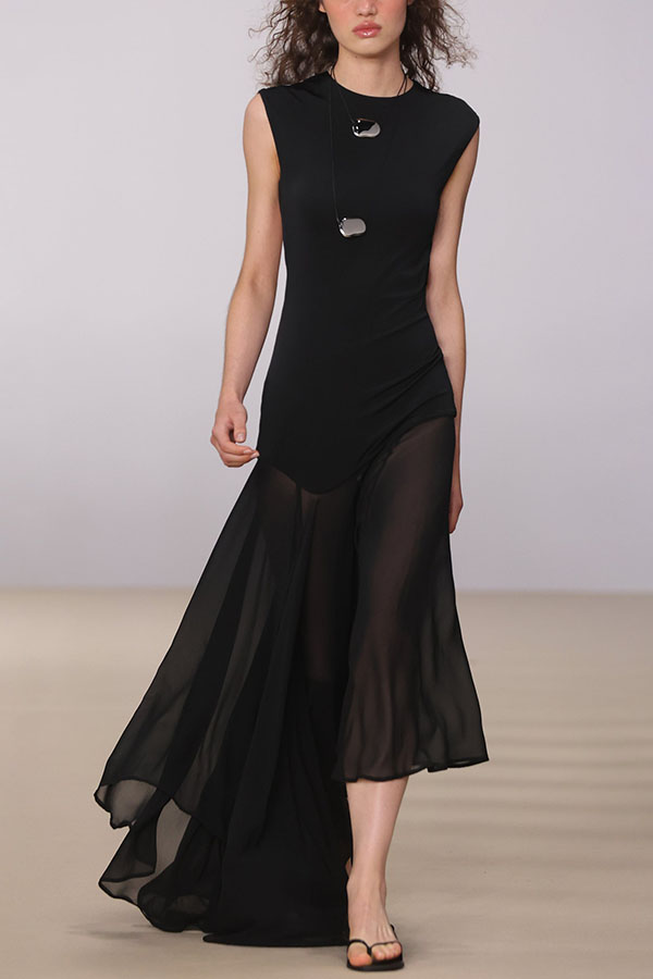 Alice Open Back Asymmetrical Tulle Hem Stretch Maxi Dress-consonak