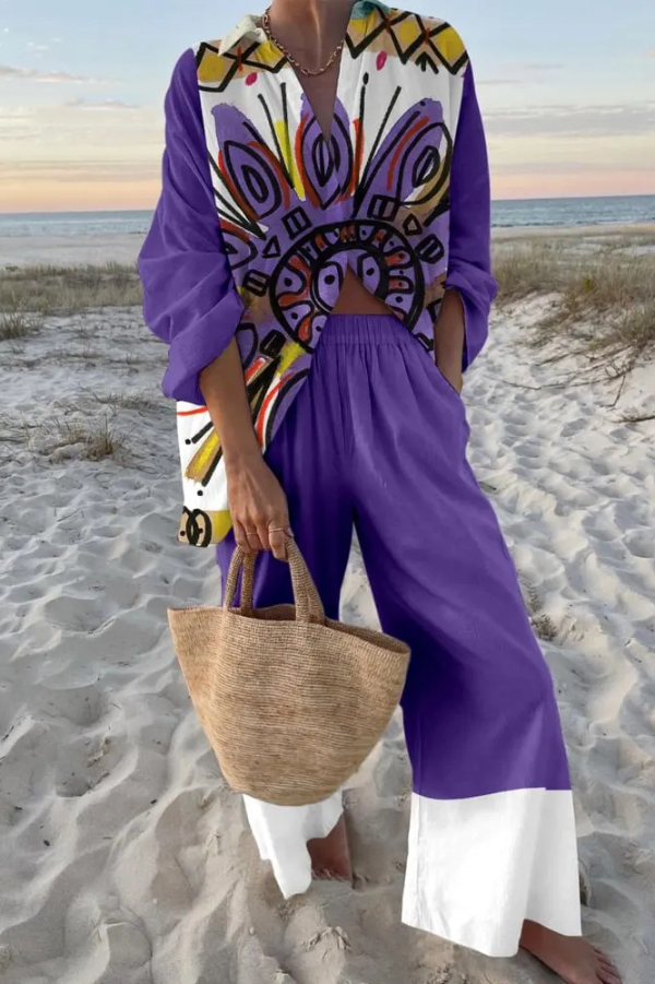 Abstract Print Oversized Shirt and Elastic Waist Pocket Pants Set