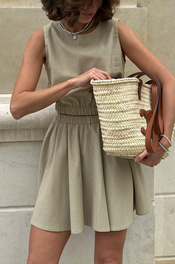 Linen Blend Crew Neck Sleeveless Top and Elastic Waist Casual Mini Skirt Set