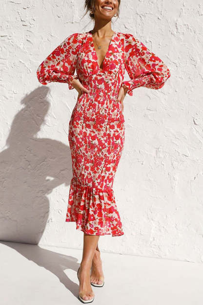 Rowena Floral Bishop Sleeve Smocked Midi Dress-consonak