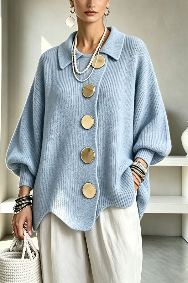Shelia Knit Oversized Metal Buckle Balloon Sleeve Lapel Cardigan-Consonak