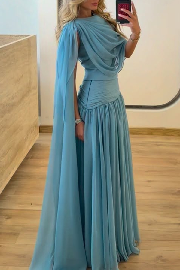 Solana Draped Sheer Cape Top and High Waist Pleated Slit Maxi Skirt Set-consonak