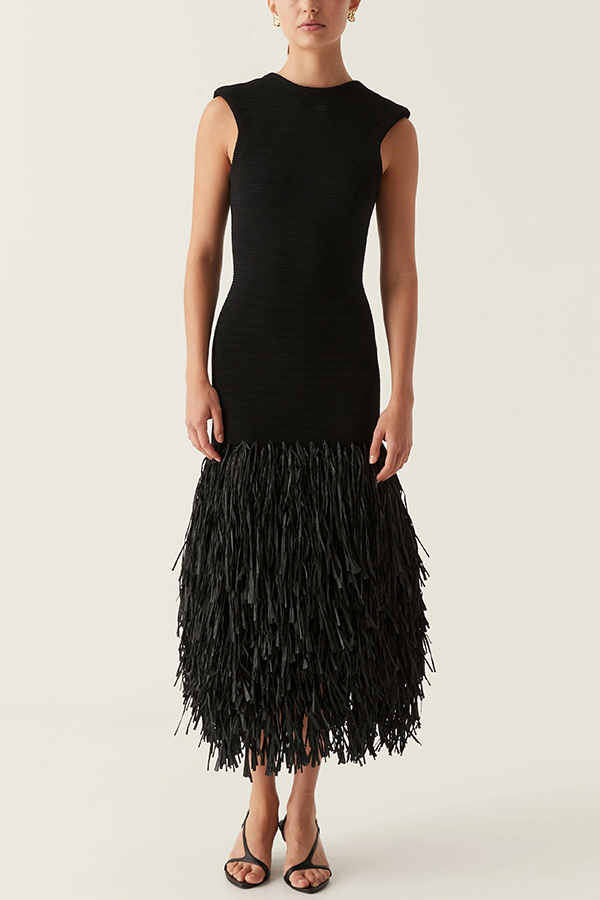 Christie Ribbed Patchwork Tiered Fringed Hem Zipper Backless Maxi Dress-consonak