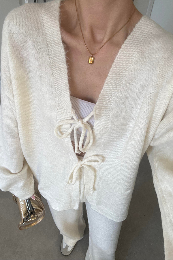 Solid Color V-neck Tie Long-sleeved Loose Knit Cardigan and Elastic Waist Casual Straight Leg Pants Set-consonak