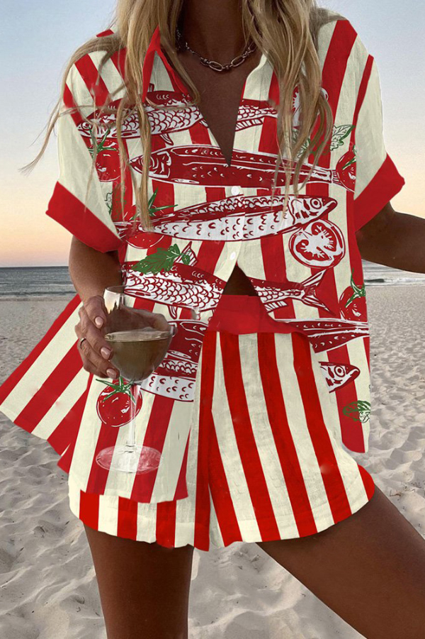 Striped Tomato Fish Print Loose Button Elastic Waist Shorts Set-consonak